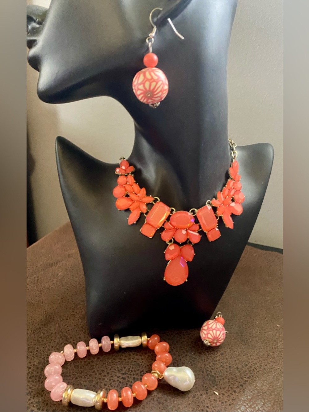 Bold Coral Statement Bib Necklace, Bracelet and Earrings Set
